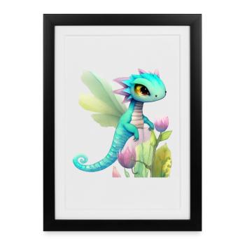Kawaii Dragon Cartoon sur Fleur Rose - Affiche encadrée (27 × 37 cm) - noir - Devant