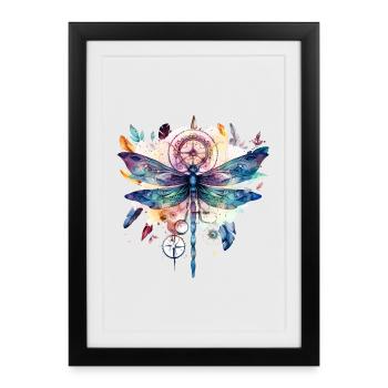 Hippie capteur de rêves avec coiffe de plumes et libellule - Affiche encadrée (27 × 37 cm) - noir - Devant
