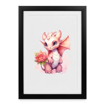 Dragon mignon aux couleurs pastel avec rose - Affiche encadrée (27 × 37 cm) - noir - Devant