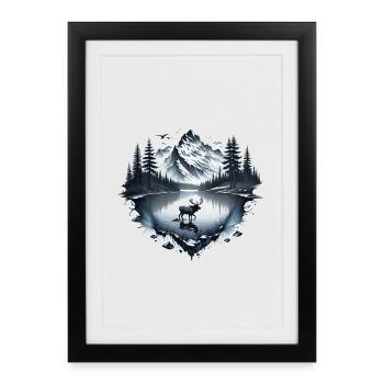 Mountain landscape with lake, forest and moose - Framed poster (27 × 37 cm) - black - Front