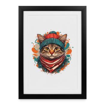 A cute cat wearing a thick scarf and a hat - Framed poster (27 × 37 cm) - black - Front
