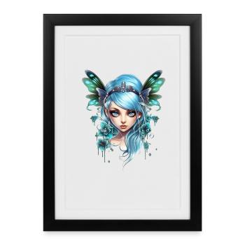 Fée Papillon aux cheveux bleus – Fantaisie - Affiche encadrée (27 × 37 cm) - noir - Devant