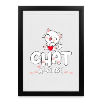 Chat mignon avec cœur et fleurs - Affiche encadrée (27 × 37 cm) - noir - Devant