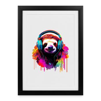 Paresseux avec des écouteurs Musique Paresseux fatigué Paresseux - Affiche encadrée (27 × 37 cm) - noir - Devant