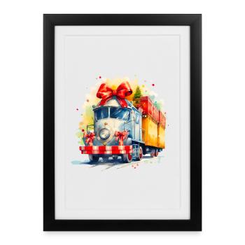 Watercolor Christmas Train with Gifts - Framed poster (27 × 37 cm) - black - Front