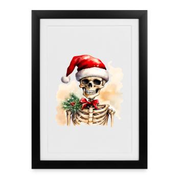 Aquarelle squelette avec chapeau de père Noël - Affiche encadrée (27 × 37 cm) - noir - Devant