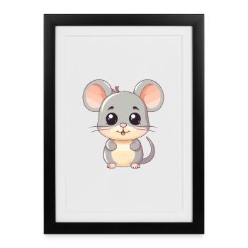 Souris mignonne Dessin animé Kawaii Animal d’animé aquarelle - Affiche encadrée (27 × 37 cm) - noir - Devant