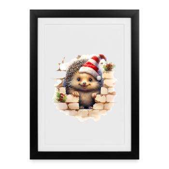 Hérisson de Noël dans le mur - Affiche encadrée (27 × 37 cm) - noir - Devant