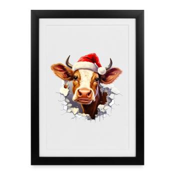 Vache avec chapeau de Père Noël dans le trou dans le mur - Affiche encadrée (27 × 37 cm) - noir - Devant