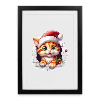 Cat with santa hat in the hole in the wall - Framed poster (27 × 37 cm) - black - Front