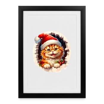 Chat de Noël sortant d’un trou - Affiche encadrée (27 × 37 cm) - noir - Devant