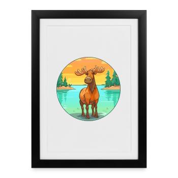 Moose Watercolor Cartoon Kawaii Clipart Animal - Framed poster (27 × 37 cm) - black - Front