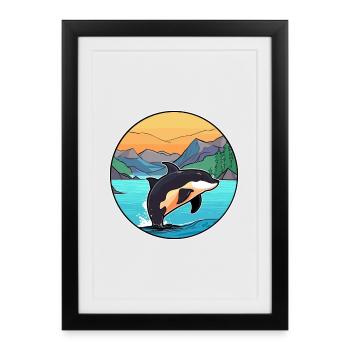 Orca aquarelle dessin animé Kawaii Clipart Animal - Affiche encadrée (27 × 37 cm) - noir - Devant