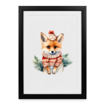 Renard Trésor d’Hiver avec Pompom - Affiche encadrée (27 × 37 cm) - noir - Devant