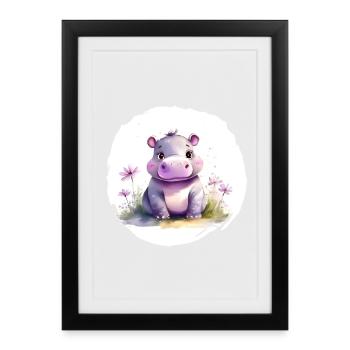 Aquarelle Hippopotame - Affiche encadrée (27 × 37 cm) - noir - Devant
