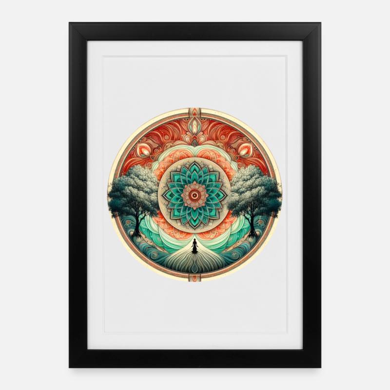 Zen Mandala avec arbres et méditation - Affiche encadrée (27 × 37 cm) - noir