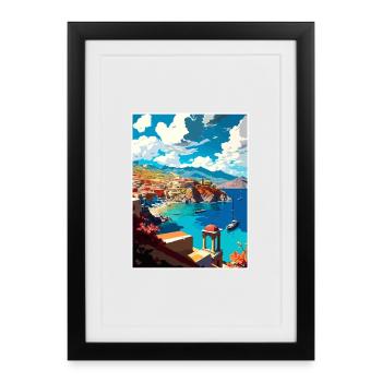 village côtier Crète Grèce Illustration Scène - Affiche encadrée (27 × 37 cm) - noir - Devant
