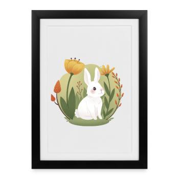 Lapin de jardin avec tulipe et autres fleurs - Affiche encadrée (27 × 37 cm) - noir - Devant