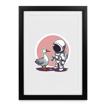 Mignon astronaute et oie dessin animé Design | Espace - Affiche encadrée (27 × 37 cm) - noir - Devant