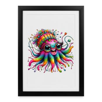 Poulpe, Méduse, Mer, Animaux Colorés, Hippie - Affiche encadrée (27 × 37 cm) - noir - Devant