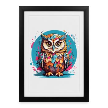 Adorable hibou sur des éclaboussures de couleur - Affiche encadrée (27 × 37 cm) - noir - Devant