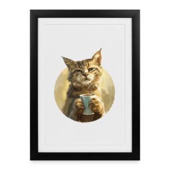 Illustration de Chat avec sa tasse de café - Affiche encadrée (27 × 37 cm) - noir - Devant