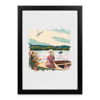 Woman sitting in boat by the water - Framed poster (27 × 37 cm) - black - Front