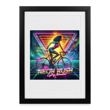 Neon Rush - Girl cycling 80s style poster - Framed poster (27 × 37 cm) - black - Front