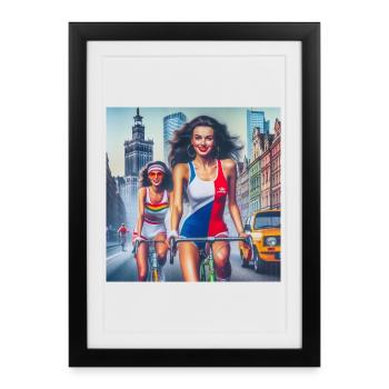 Two girls cycling in retro Warsaw - 80s style - Framed poster (27 × 37 cm) - black - Front