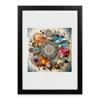 Mandala de fleurs avec lotus et bougies - Affiche encadrée (27 × 37 cm) - noir - Devant