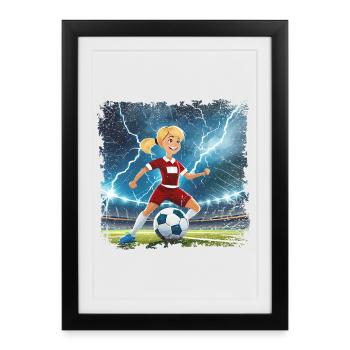 Female footballer cartoon character stadium with lightning bolts - Framed poster (27 × 37 cm) - black - Front