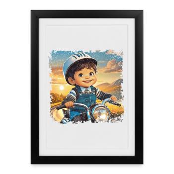 Petit garçon sur une vieille moto - Affiche encadrée (27 × 37 cm) - noir - Devant