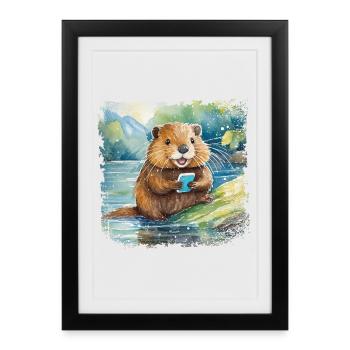 Cute young beaver with mobile phone - Framed poster (27 × 37 cm) - black - Front