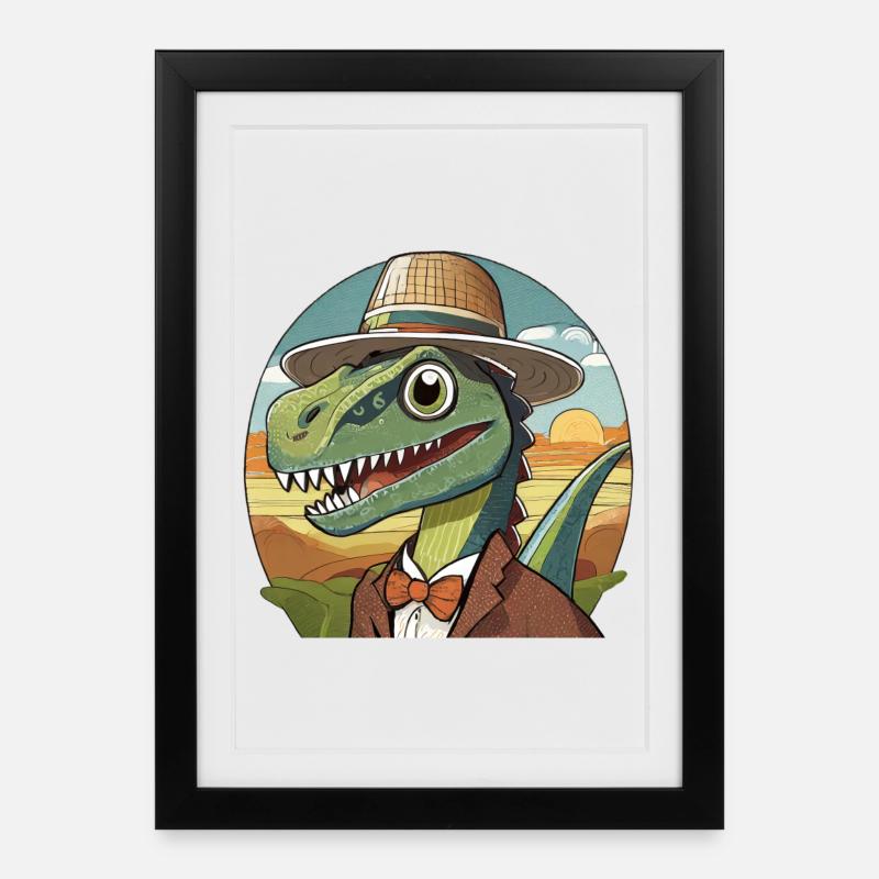 dinosaure drôle avec chapeau dans le style comique - Affiche encadrée (27 × 37 cm) - noir