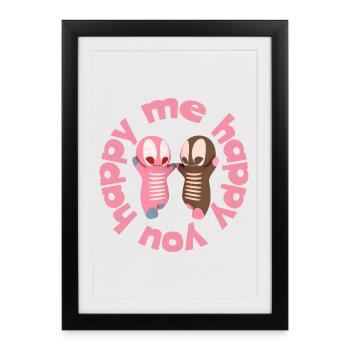 heureux moi heureux toi Mignonne figurine kawaii - Affiche encadrée (27 × 37 cm) - noir - Devant