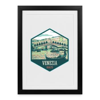 Illustration du Pont Rialto, Venise - Affiche encadrée (27 × 37 cm) - noir - Devant
