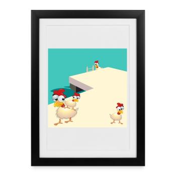 POULES NAGEANT AU BORD DU LAC - Affiche encadrée (27 × 37 cm) - noir - Devant