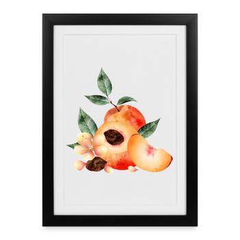Demi-pêche, pêches, pêches, fleurs et quartier - Affiche encadrée (27 × 37 cm) - noir - Devant