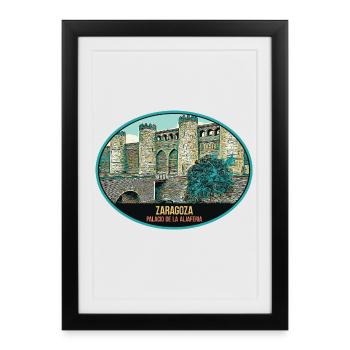 Zaragoza, illustration du Palais de l'Aljaferia - Affiche encadrée (27 × 37 cm) - noir - Devant