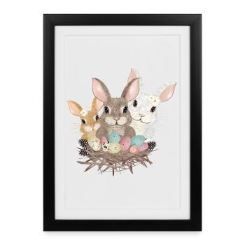 famille de lapins de Pâques mignons avec des œufs de Pâques pastel - Affiche encadrée (27 × 37 cm) - noir - Devant