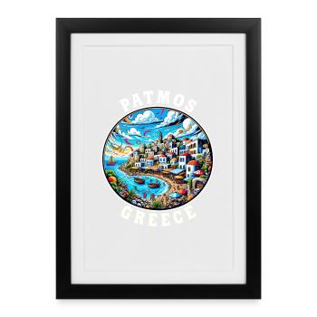 Vacances à Patmos, Grèce, baie de la mer Égée - Affiche encadrée (27 × 37 cm) - noir - Devant