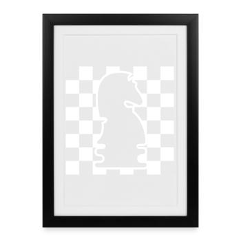 Echecs Cheval Damier Motif Symbole Graphique Logo - Affiche encadrée (27 × 37 cm) - noir - Devant