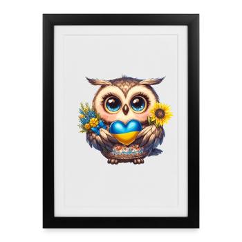 Chouette mignonne avec un coeur bleu jaune - Affiche encadrée (27 × 37 cm) - noir - Devant