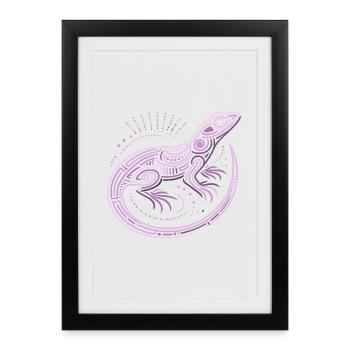 lézard nuances de violet motifs aborigènes, tribal - Affiche encadrée (27 × 37 cm) - noir - Devant