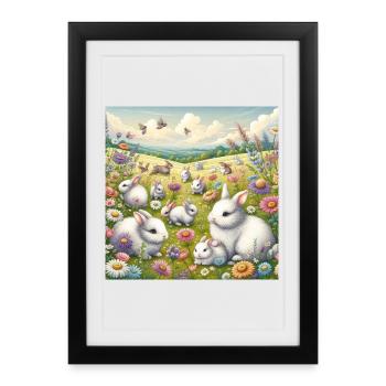 Rabbits in a field of flowers - Framed poster (27 × 37 cm) - black - Front