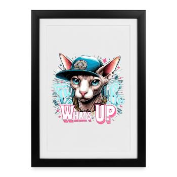 Sphynx Cat Cool What’s Up Hip Hop Cadeau - Affiche encadrée (27 × 37 cm) - noir - Devant