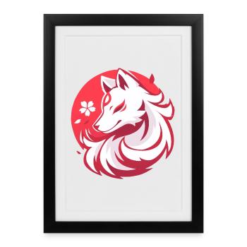Renard blanc style asiatique - Affiche encadrée (27 × 37 cm) - noir - Devant
