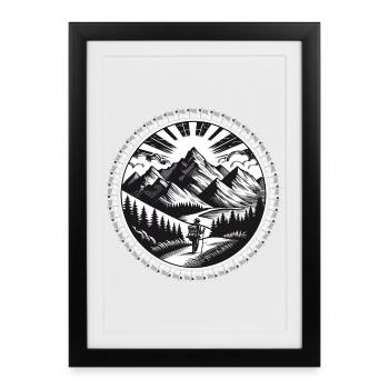 Paysage de montagne avec un randonneur sur un sentier - Affiche encadrée (27 × 37 cm) - noir - Devant