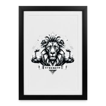 Lion Tête de Lion Géométrie Géométrique Force - Affiche encadrée (27 × 37 cm) - noir - Devant