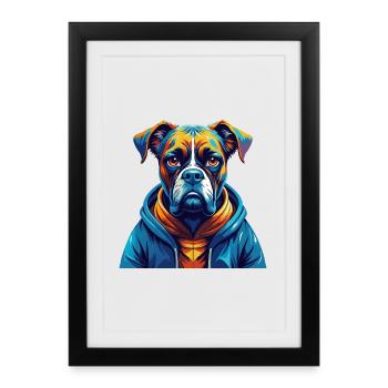 Boxer chien race coloré aquarelle dessin animé Kawaii - Affiche encadrée (27 × 37 cm) - noir - Devant